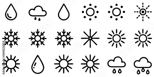 Collection of simple hand drawn weather icons including sun clouds raindrops and snowflakes symbols sunshine