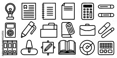 Collection of office and business related icons in a simple line art style office supplies stationery