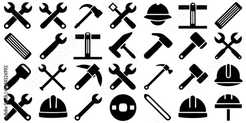 Assortment of construction and repair tools icons in a solid silhouette style hardware building