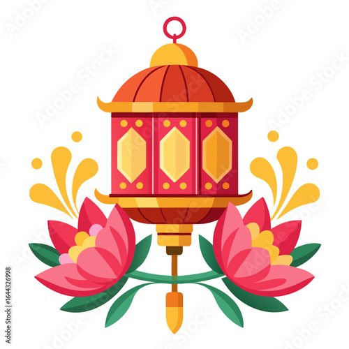 Traditional Vesak Lantern with Lotus Flowers Floating Vector Illustration