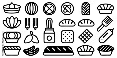 Assortment of Baked Goods and Utensils as Black and White Icons tart bread