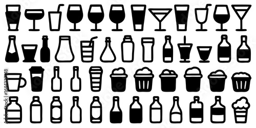 Diverse Collection of Black Silhouette Drink Bottles Glasses and Cups on White Background drinks beverages