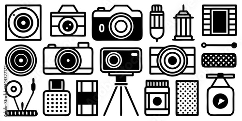 Collection of hand drawn photography and audio equipment icons including cameras microphones and speakers