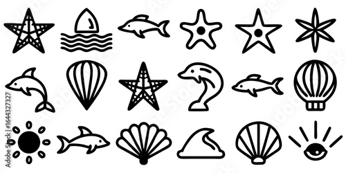 Set of black and white line art icons representing marine life and ocean elements dolphin icon fish icon