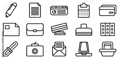 Collection of black and white line art icons for office supplies and stationery marker icon document icon