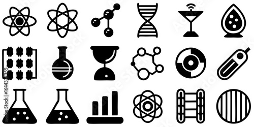 Set of Science and Technology Icons in Black Silhouette Style research chemistry