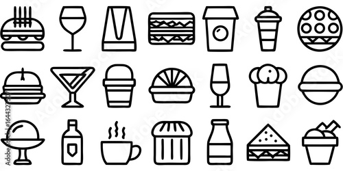 Fast Food and Drink Icons Collection Keywords: burger icon, wine glass icon, cocktail glass icon, sandwich icon, coffee cup icon, soda cup icon, donut icon, martini glass icon, ice cream bucket