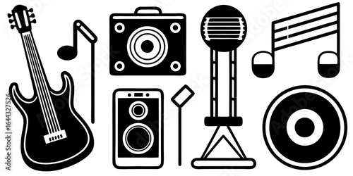 Collection of musical instrument and audio equipment icons in black and white guitar speaker