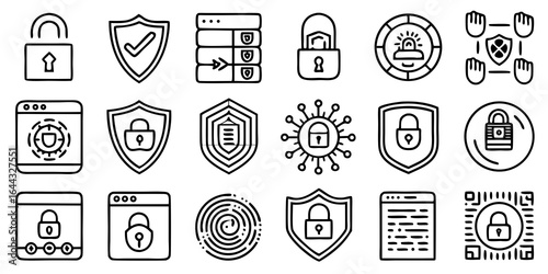 Collection of Cybersecurity and Data Protection Icons in a Grid Layout lock shield