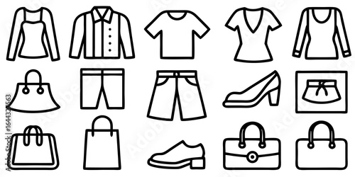 Set of Clothing and Fashion Accessories Icons in a Grid Layout apparel style