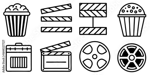 Set of Cinema and Movie Icons Including Popcorn and Film Reels clapperboard