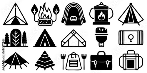 Camping and Outdoor Adventure Icons Set Keywords: tent camping icon, campfire icon, backpack icon, camping lantern icon, trees icon, camping equipment icon, outdoor gear icon, travel icon, hiking
