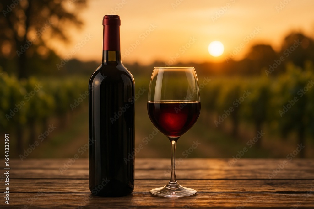 Fototapeta premium Bottle of Red Wine and Glass on Wooden Table