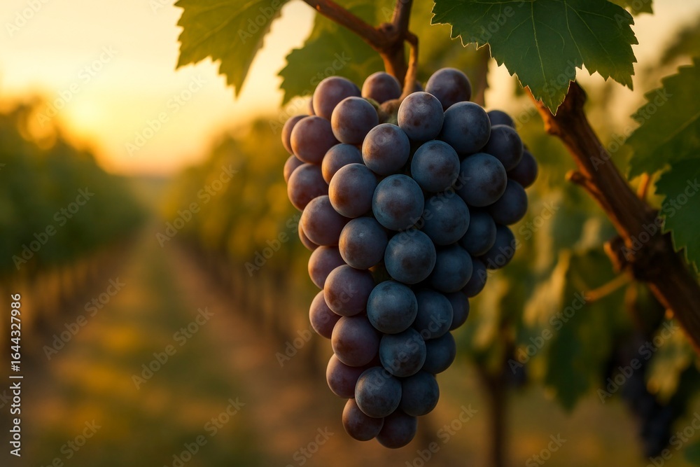 Fototapeta premium Ripe Grapes in Vineyard at Sunset