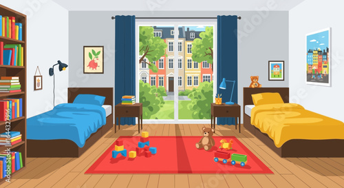 Vibrant children's bedroom showcasing playful decor and serene exterior view