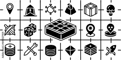 Collection of Black and White Icons Representing Business Technology and Travel Concepts vector illustration