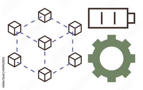 Networked cubes connected with dashed lines, a gear, and a battery. Ideal for blockchain, technology, energy, innovation, process optimization efficiency system development. Simple flat metaphor