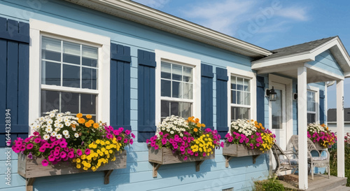 Charming blue cottage with vibrant flower boxes enhancing curb appeal on a sunny day
