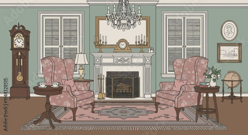 Elegant illustrated sitting room with fireplace, chairs, and traditional decor