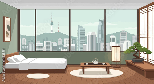 Serene modern bedroom with scenic city view, infused with zen minimalist interior