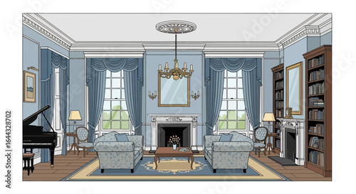 Elegant living room design with classic blue decor and detailed architectural features