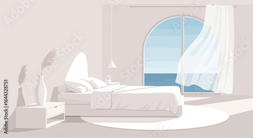 Serene seaside bedroom interior design with ocean view and minimalistic decor