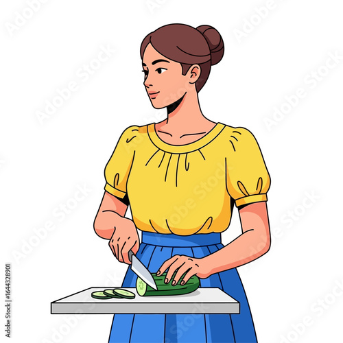 Woman preparing food, slicing a cucumber on a cutting board, culinary preparation concept