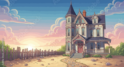 Victorian House on the Coastline at Sunset: Dreamy Cartoon Illustration