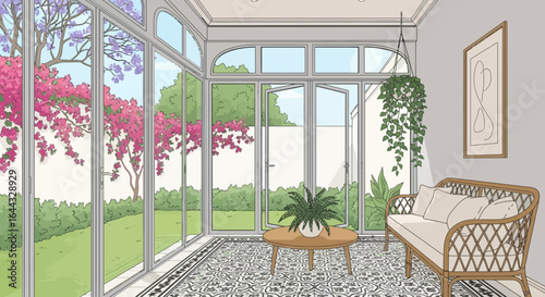 Sunlit interior with garden view and inviting rattan furniture in conservatory style