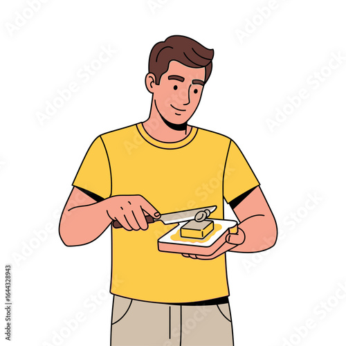 Man Spreading Butter on Bread A Simple Kitchen Task with Fresh Ingredients