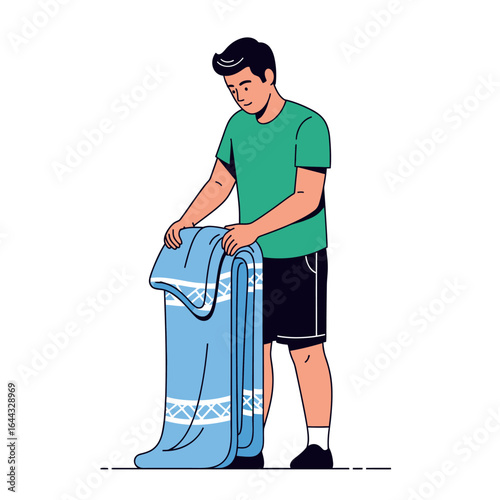 Young man character folding a patterned blue towel. Vector concept of domestic chores, tidiness, and an organized lifestyle.