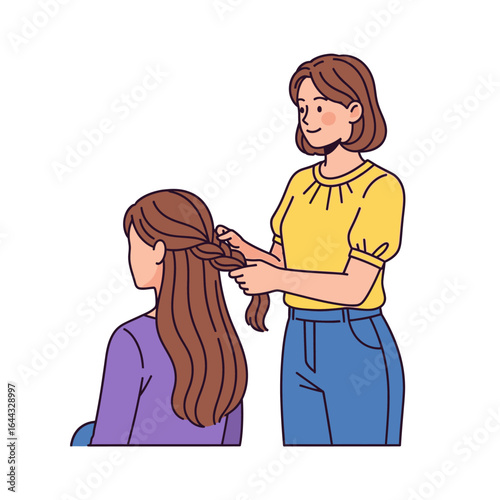 A friendly woman or professional hairdresser carefully braiding the long, healthy brown hair of a friend or client. whisk_y96eeb_via_RJ_Whisk_Auto.ai.