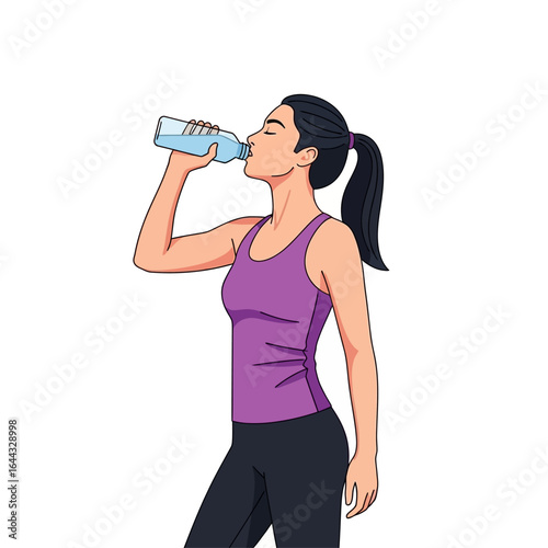 Fit athletic woman in sportswear drinking from a water bottle, hydrating after workout. whisk_svybj9_via_RJ_Whisk_Auto.ai vector illustration.