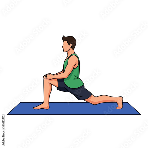 Yoga Lunge Pose Man Practicing Asana for Fitness and Flexibility on a Mat