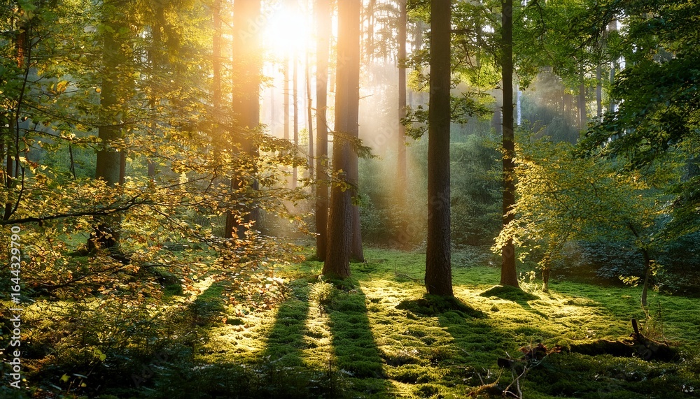 Fototapeta premium picturesque forest scene bathed in natural sunlight shining through leaves creating an inviting and serene atmosphere