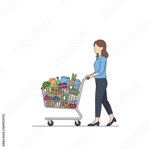 Modern woman pushing a fully loaded grocery cart, representing essential and convenient shopping for daily lifestyle.
