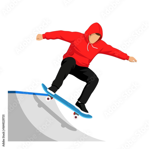 Skateboarder in a red hoodie executing a trick on a quarter pipe ramp, vector illustration
