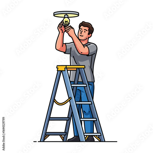 Handyman character on a stepladder replacing an old lightbulb. Home maintenance and electrical repair concept.