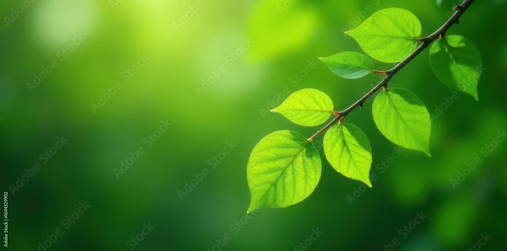 Obraz premium Vibrant green leaves cascade from slender twig , fresh, spring, branch