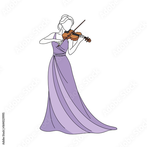 Elegant line art illustration of a graceful female violinist in a flowing purple gown playing classical music