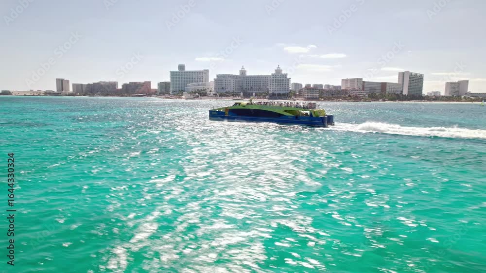 Ferry driving in front of hotels in turqouise watter midday 4K