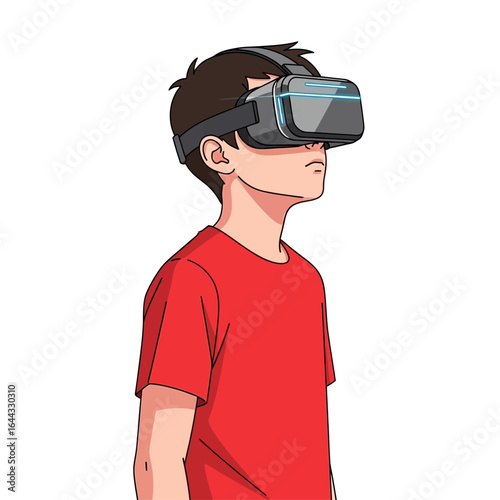 Young boy experiencing immersive virtual reality with modern VR headset, exploring digital worlds and futuristic technology.