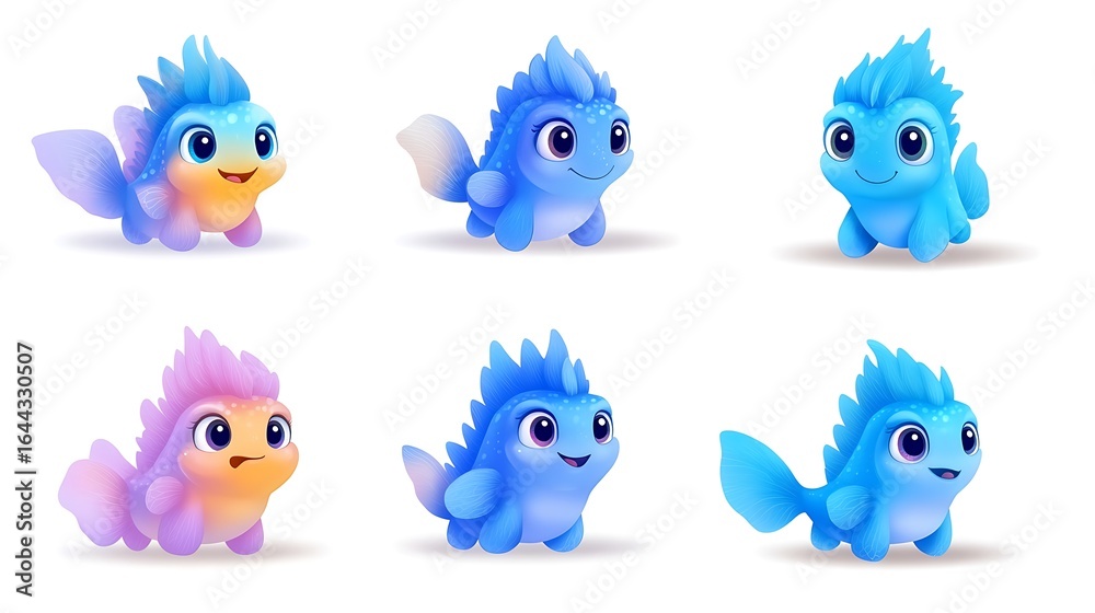Fototapeta premium Cute baby dragon set in blue and pink, Kawaii fantasy creatures collection, Soft pastel illustration, Minimal white background, Copy space for design, Kids clipart pack