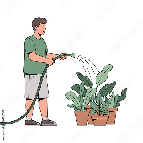 Young man diligently watering his flourishing potted houseplants, engaging in a relaxing and rewarding gardening activity at home, fostering a serene green indoor environment.