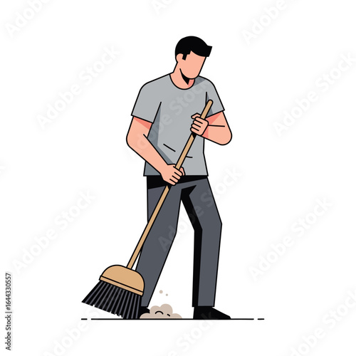 A diligent man tidily sweeping the floor with a broom, showcasing household responsibility and cleanliness in a minimalist illustration.
