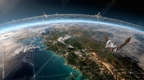 Satellite Matrix Network Orbiting Earth, a Constellation of Sleek Reflective Spacecraft Forming a Delicate Grid with Earth's Curvature in the Background