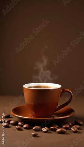 Coffee cup, roasted beans, brown backdrop, empty space , cozy, background