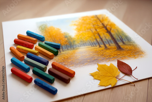Pastel crayons for drawing on a sheet of Whatman paper with an autumn landscape.
