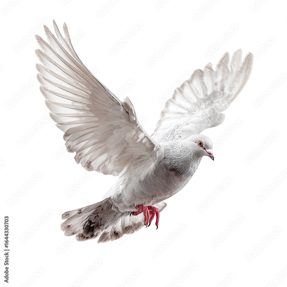 Fototapeta premium A white dove in flight, wings outstretched, showcasing detailed plumage and vibrant red feet against a black background