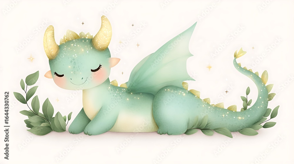 Fototapeta premium Sleeping baby dragon illustration, Soft mint fantasy creature, Gentle wings and tail, Watercolor nursery clipart, Isolated on white, Minimal background, Copy space for designs